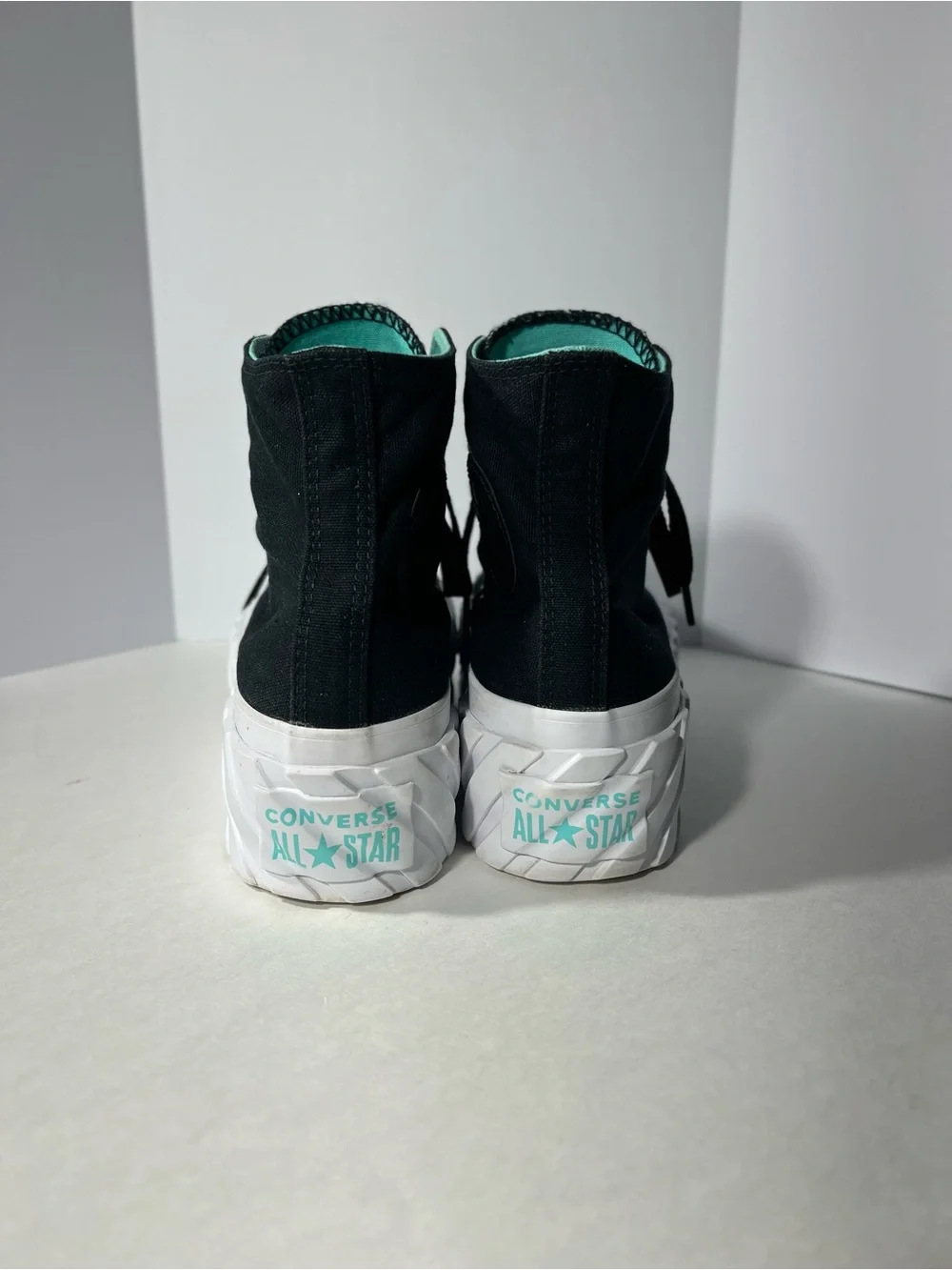 Black Converse High-Top Platform Sneakers with faux leather and Teal Accents